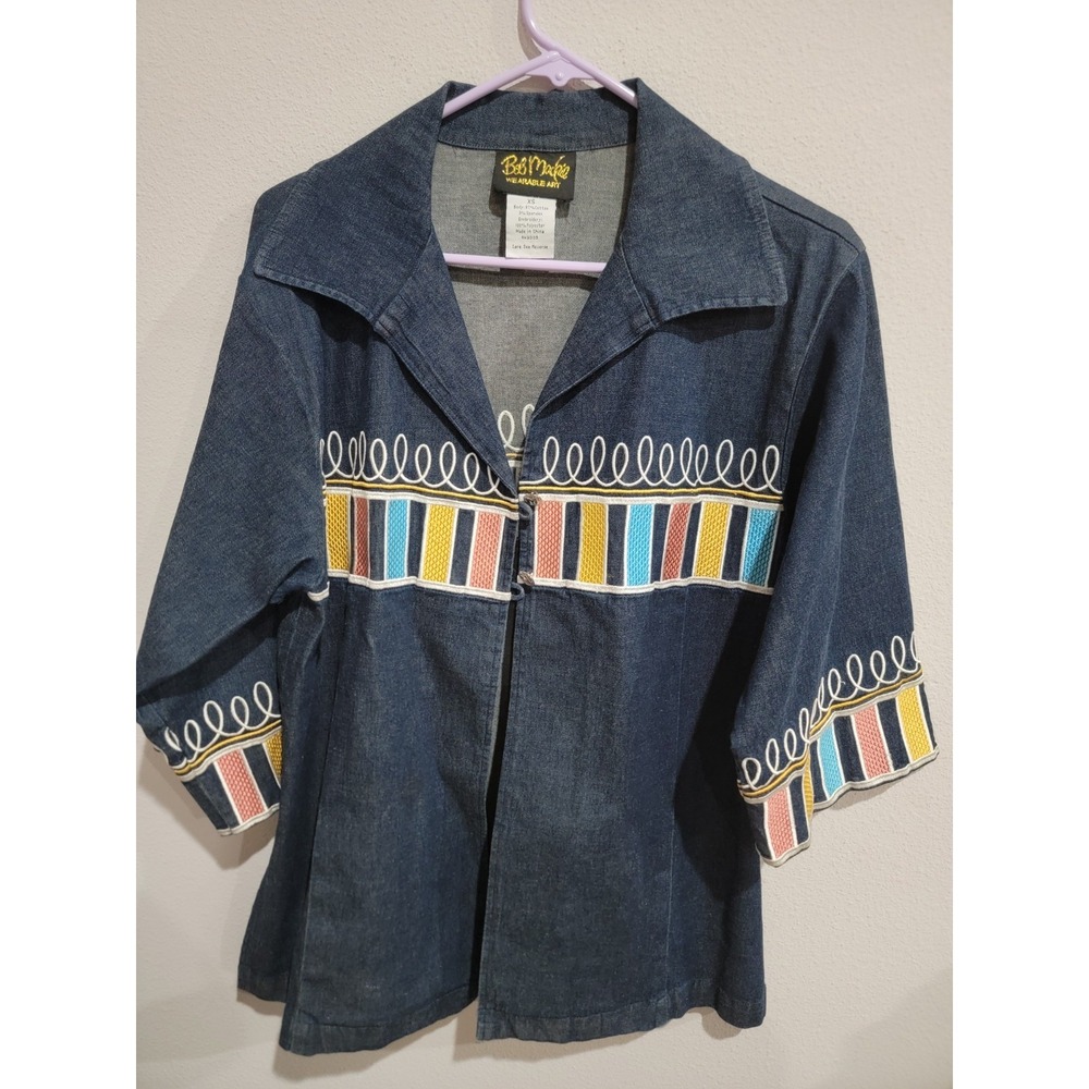 Bob Mackie Wearable Art Denim‎ Jacket XS Multicolor Embroidery 1/2 Sleeves VTG